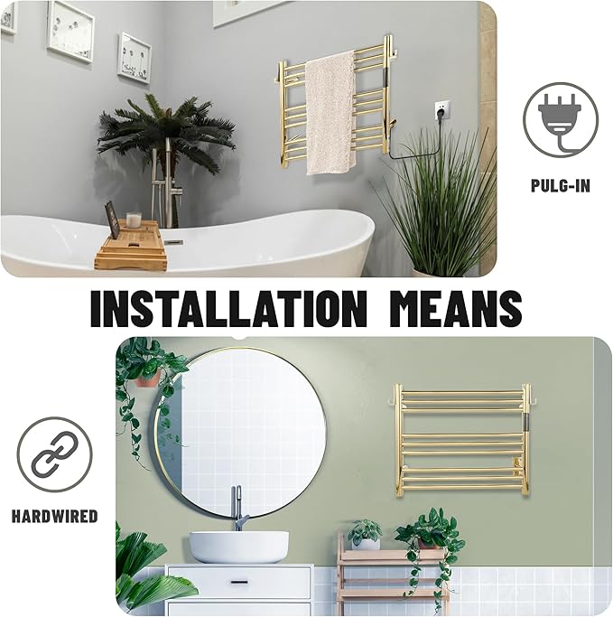 K&KALONZO Towel Warmer for Bathroom, Wall-Mounted 9-Bar Heated Towel Rack with Built-in Timer, Waterproof Electric Towel Heater, Support Plug-in and Hardwired, Polished Gold, EL13S