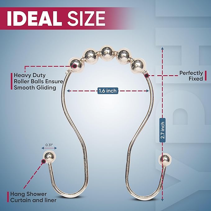Shower Curtain Hooks Rust Proof (Set of 12) - Stainless Steel Shower Curtain Rings - Anti Slip Roller Balls for Easy Glide (Omega Double Hooks, Chrome)