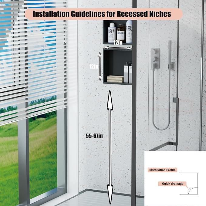 12x12 Matte Black Shower Niche - Stainless Steel Tile-Ready Bathroom Storage for Small Showers