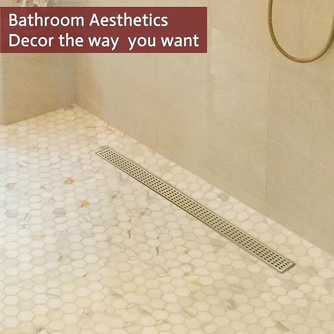 48 Inch Linear Shower Drain, Brushed Gold Shower Drain,Removable Grate, 304 Stainless Steel, Easy to Install and Clean for Bathrooms (Drain Base Not Included), LSD-04A-48G