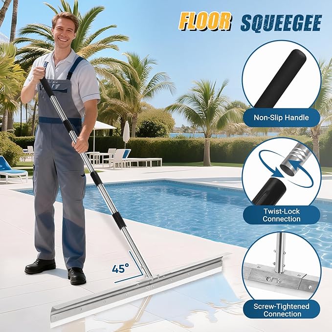 CAROD 33.4" Large Floor Squeegee for Concrete, Commercial Heavy Duty Silicone Blade Squeegee for Floor with 63" Stainless Handle, Anti-Splash Curved Baffle for Garage, Factory, and Tough Cleaning Jobs