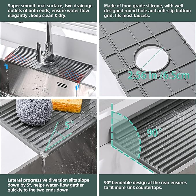 Faucet Mat for Kitchen Sink, Silicone Faucet Handle Drip Catcher Tray, Drying Mat as Sponge and Soap Holder with Lateral Inflow for Kitchen Bathroom Farmhouse & RV Sink Accessories (Grey)