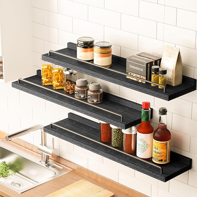 22 inches Long Floating Shelves, Bathroom Decor Shelves Over Toilet, Farmhouse Wall Shelves for Living Room, Bedroom, Picture Frames, Plants, Kitchen, Set of 3 (Black)