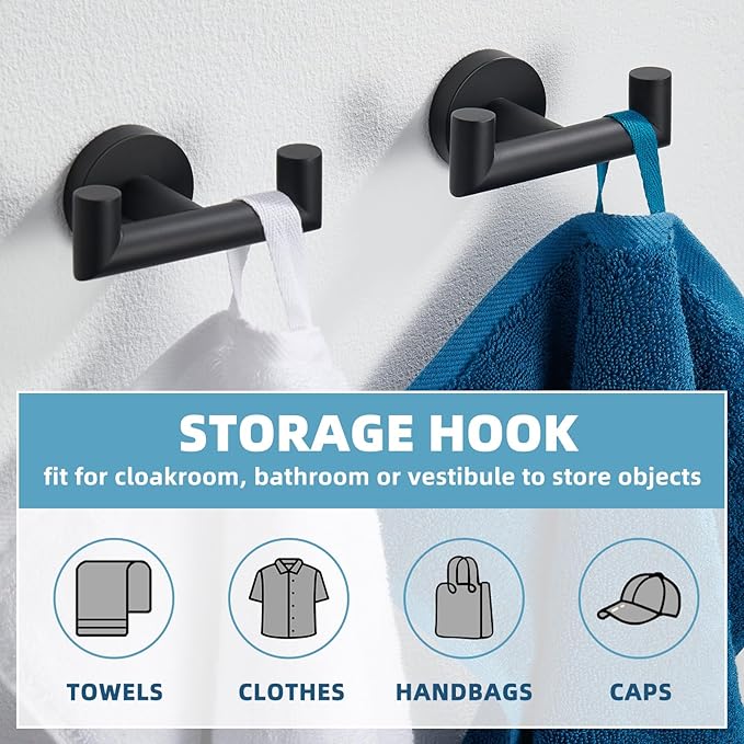 APLusee Matte Black Double Towel Hook 2 Pack, Stainless Steel Clothes Hook, Wall Mounted