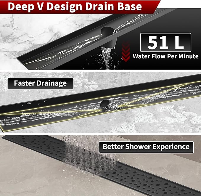 Sharp-tec 24 inch Linear Shower Drain, Black Rectangular Floor Drain, V-Shape Design Drain Channel, 304 Stainless Steel, cUPC Certificated for Bathroom Shower Room (Drain Base is Not Included)