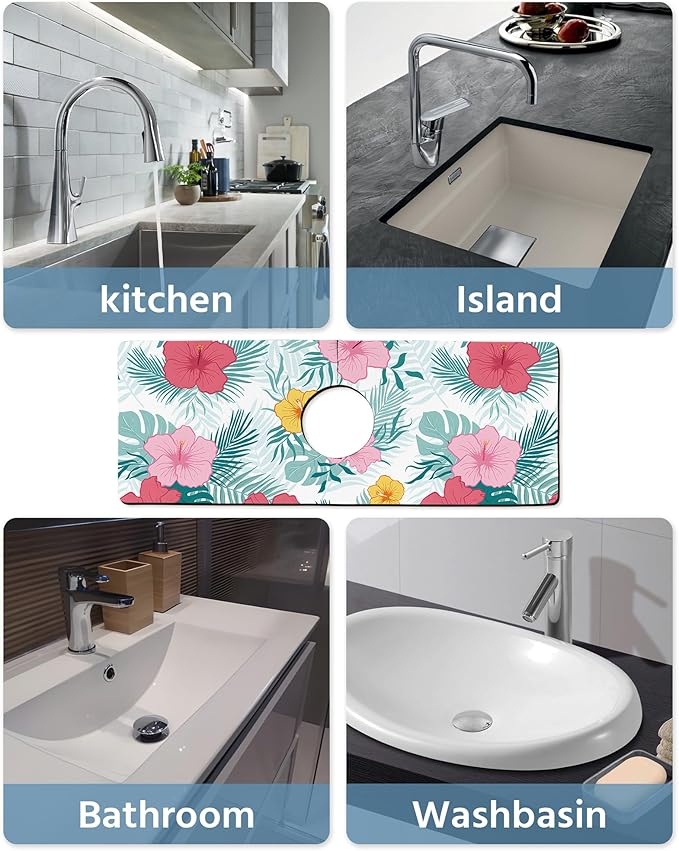 Patterned Sink Faucet Mat Kitchen Splash Guard Super Absorbent Drying Mat, Non-Slip Drain Pad for Kitchen Counter or Bathroom-15x5.5in