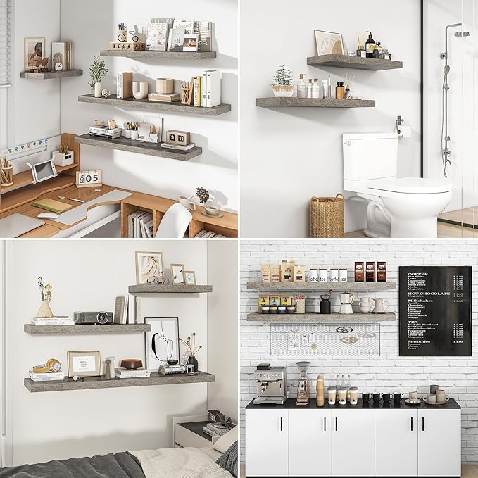 RICHFOCUS 72Inch Floating Shelves for Wall 2 Pack Shelves for Bedroom|Kitchen|Bathroom Wall Mounted Rustic Wood Floating Shelf with Invisible Brackets for Books|Storage|Decor, Grey