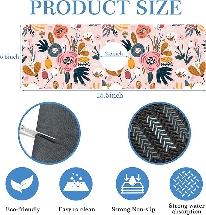 Flower Berrie Leave Faucet Mat for Kitchen Sink Floral Texture, Soft Diatom Mud Material, Strong Water Absorption, Non-slip, Easy to Clean for Bathroom, Kitchen 15"X5.5"