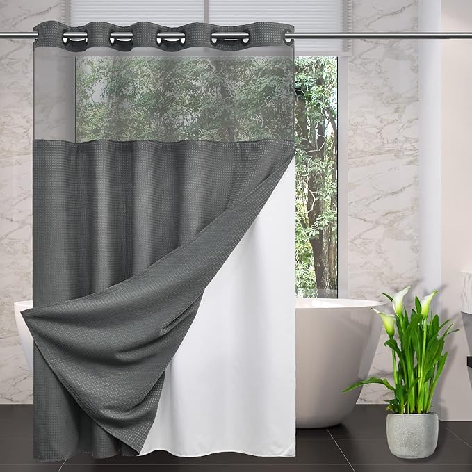 No Hooks Required Waffle Weave Shower Curtain with Snap in Liner-Hotel Grade Waterproof & Mesh Top Window Spa Like Bath Curtain Machine Washable Heavy Duty 71Wx74L(Grey)