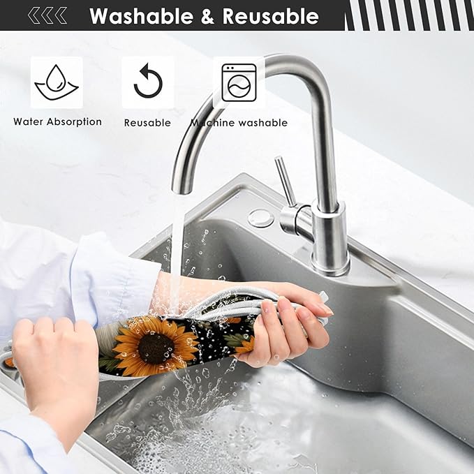 2 PCS Kitchen Sink Splash Guard 14.9 Inch Faucet Mat for Kitchen Sink Bathroom Sink Faucet Absorbing Drip Drain Mat Pad Microfiber Soft Washable Black Autumn Pumpkins Flowers Maples