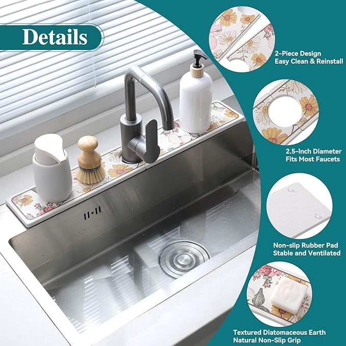 Stone Faucet Mat for Kitchen Sink, Diatomite Stone Sink Tray, 23.6" Super Absorbent Mat for Bathroom Counter, Prevents Moisture Buildup, Stone Drying Mat, Fast Drying Faucet Splash Guard