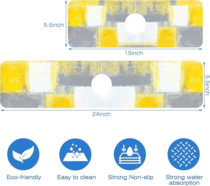 Grey and Yellow Abstract Kitchen Sink Splash Guard Mat Absorbent Fast Drying Mat Faucet Draining Mat Sink Splash Guard Behind Faucet Drip Catcher for Kitchen Bathroom 5.5"×24"