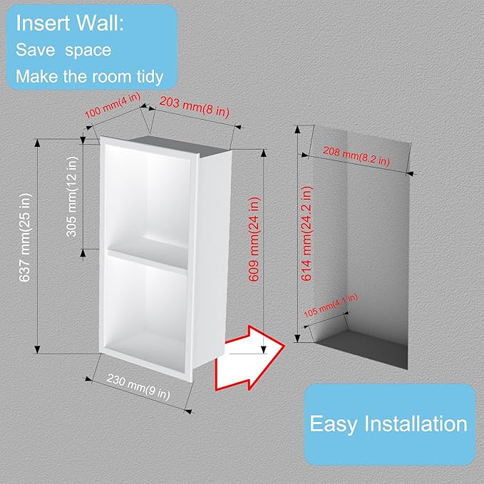Narrow Shower Niche for Tiny Shower Room Storage, Insert Tile Ready, Double Shelves, Stainless Steel,(White, 24 * 8 in)