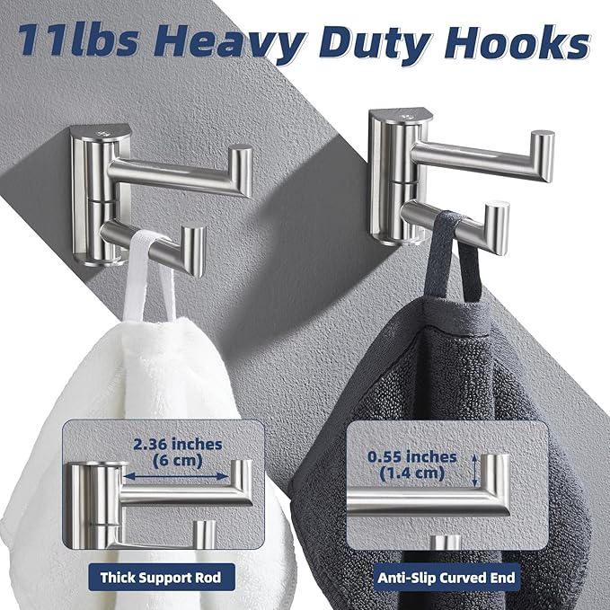 APLusee 2 Pack Swivel Coat Hooks Brushed Nickel, 304 Stainless Steel Foldable Bathroom Towel Hooks with 2 Rotating Arms, Wall Mounted