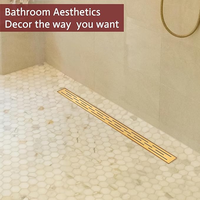 24 Inch Linear Shower Drain, Brushed Brighter Gold Shower Drain,Removable Grate, 304 Stainless Steel, Easy to Install and Clean for Bathrooms (Drain Base Not Included), LSD-01A-24BG