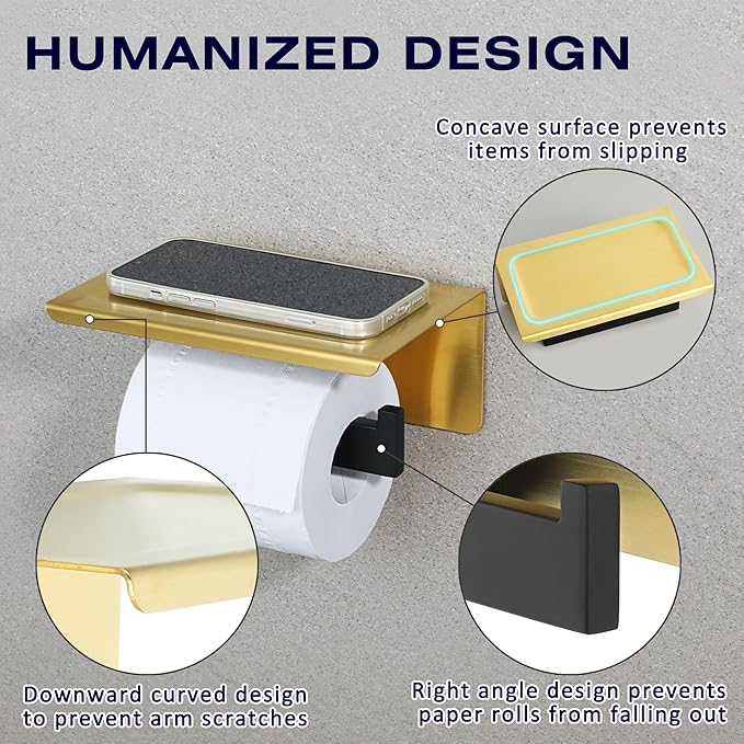 Alise Toilet Paper Holder with Shelf,SUS304 Stainless Steel Toilet Paper Roll Holder Bathroom Tissue Holder Storage Dispenser,Self Adhesive or Wall Mount Drilling,Gold and Black Finish