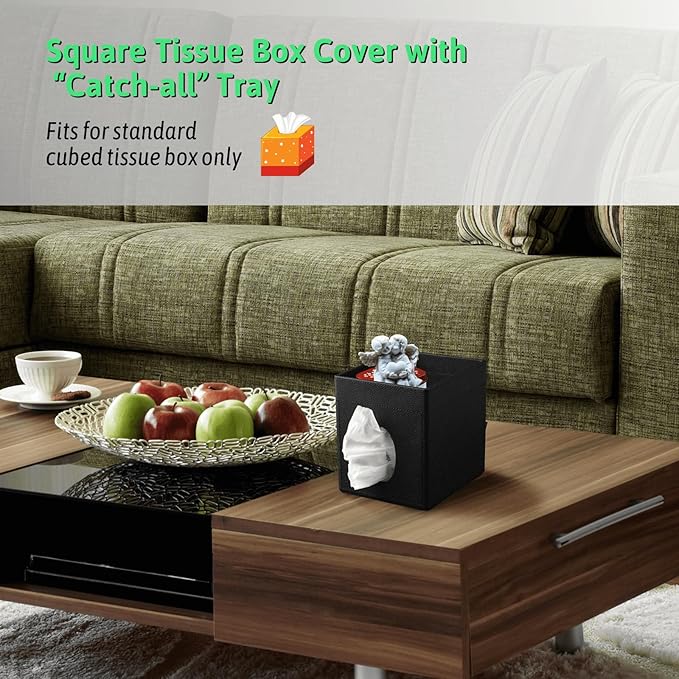 Tissue Box Cover, PU Leather Square Tissue Box Holder with Upper Storage Tray for Bathroom/Countertop/Nightstand/Office Table - Black