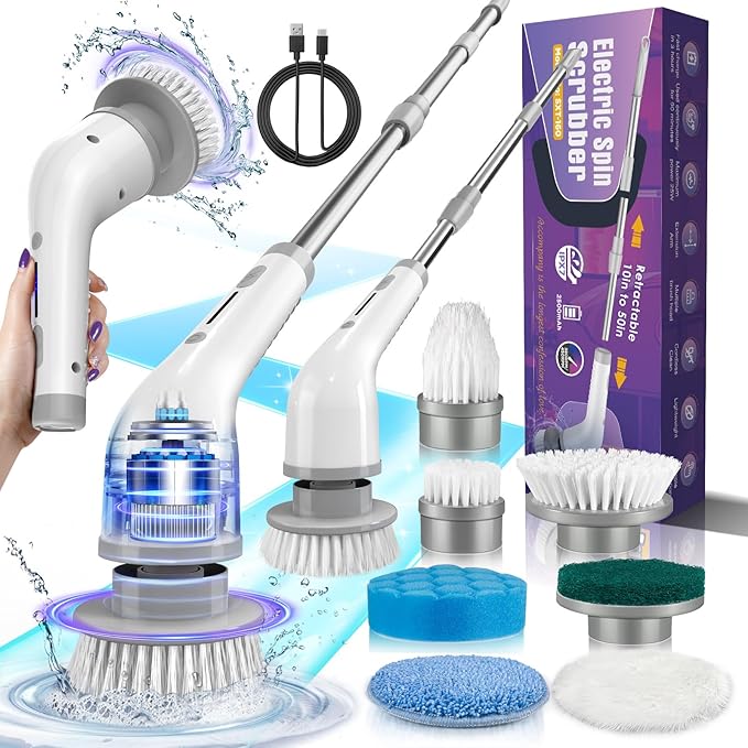 Electric Spin Scrubber, Cordless Shower Spin Scrubber with 7 Replacement Brush Heads & Adjustable Extension Arm, 2H Bathroom Scrubber Dual Speed, Power Spin Scrubber for Bathroom Car Floor Grout Sink