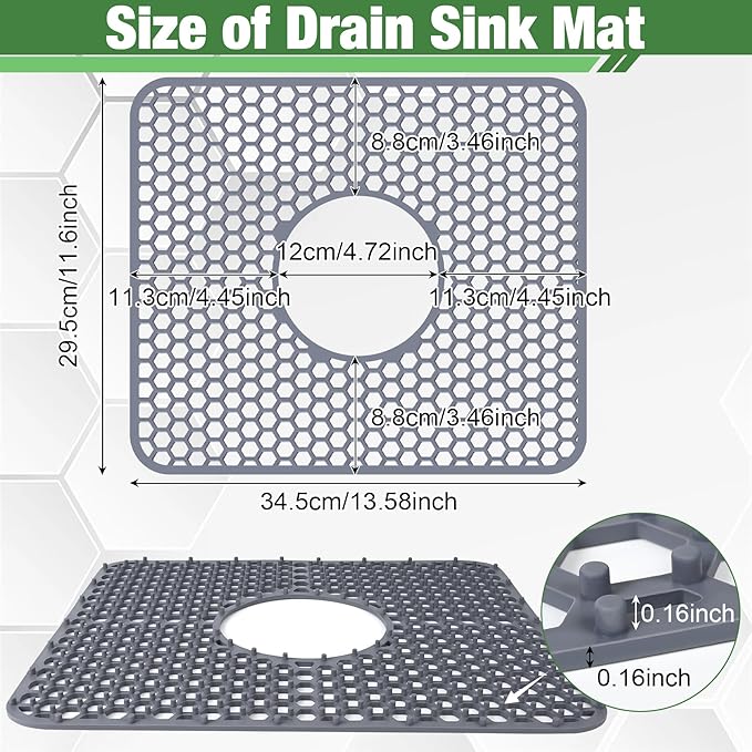 Sink Protectors Mat - 13.58"x11.6" Kitchen Sink Pad for Bottom of Basin for Protection of Stainless Steel and Tableware, Farmhouse Rubber Basin Mat Protector with Center Drain - Light Gray