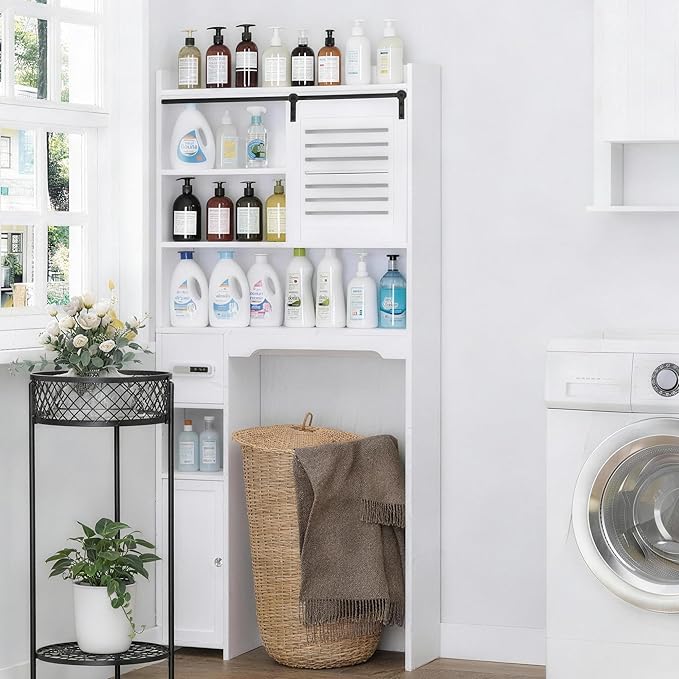 Over The Toilet Storage Cabinet, Bathroom Storage Cabinet Organizer, Above Toilet Rack with Door and Adjustable Shelves, Space Saver for Restroom, Laundry (White Right Side)