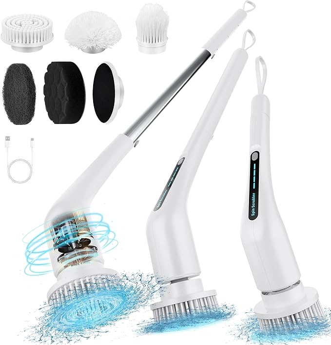 Electric Spin Scrubber - Bathtub Shower Scrubber,Bathroom Cleaning Brush with Long Handle Floor Brushes,Power Cordless Automatic Handheld Mop Cleaner for Bath Tub Kitchen Tile Grout Hardwood