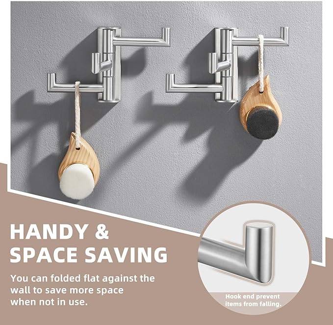 Suyar Towel Hook for Bathroom, SUS 304 Stainless Steel Swivel Robe Holder with 3 Arms, Wall Hook Brushed Nickel, 2 Pack