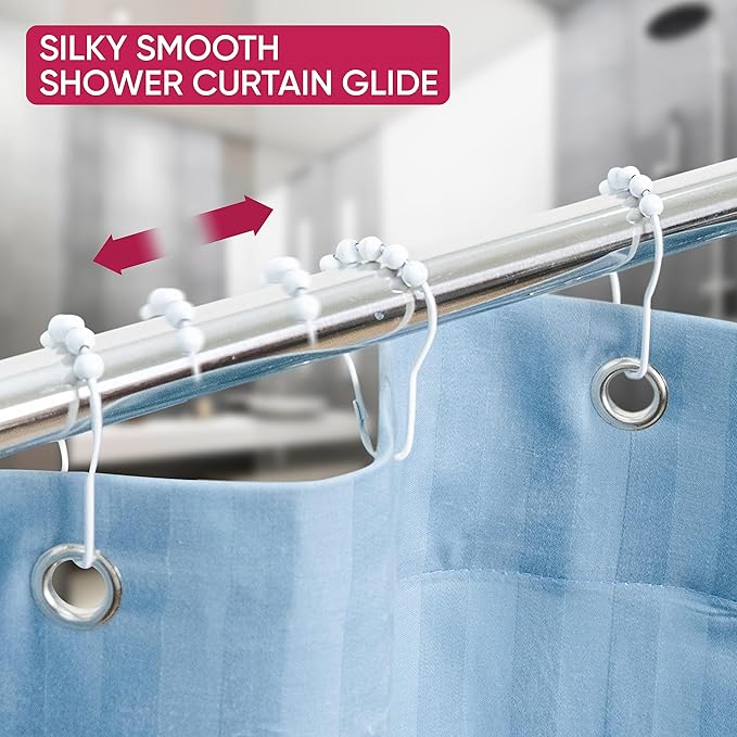 Shower Curtain Hooks Rust Proof (Set of 12) - Stainless Steel Shower Curtain Rings - Anti Slip Roller Balls for Easy Glide (Secure Lock Hooks, White)