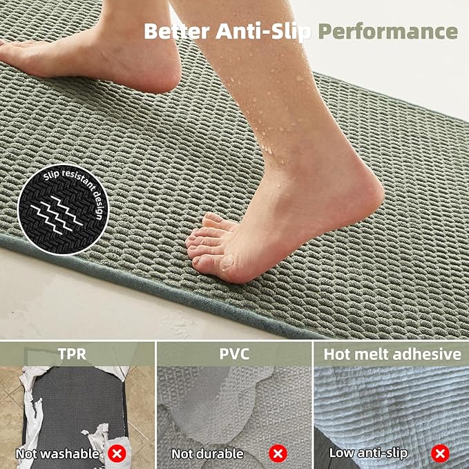 Bathroom Rugs Non Slip Washable, Super Absorbent Thin Bath Mat Quick Dry Low Pile Bathroom Rug, Sage Green 20"x48"