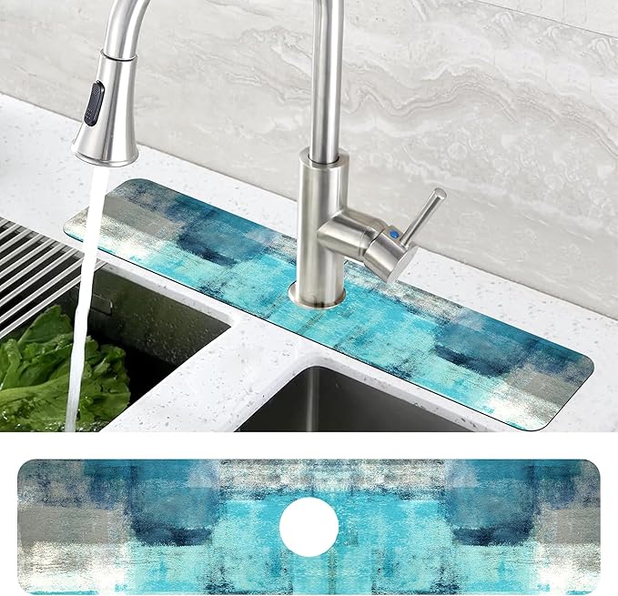 Kitchen Sink Splash Guard Faucet Mat Abstract Teal and Grey Geometric Absorbent Fast Drying Mat Faucet Draining Mat Sink Splash Guard Behind Faucet Drip Catcher for Kitchen Bathroom 24" X 5.5"