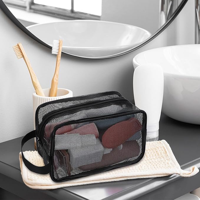 1 Pcs Portable Travel Mesh Toiletry Bag Mesh Shower Caddy Quick Dry Tote Bags Dorm Toiletry Organizer for Women Men Gym Bag Camping Organizer Hanging Bathroom Mesh Bag Black 9.8 × 6.3 × 4.3 Inch