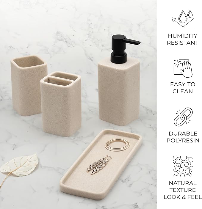 ZCCZ Black Bathroom Accessory Sets, 4 Pieces Bathroom Accessories Complete Set Vanity Countertop Accessory Set Marble Look, Includes Lotion Dispenser Soap Pump, Tumbler, Toothbrush Holder and Tray