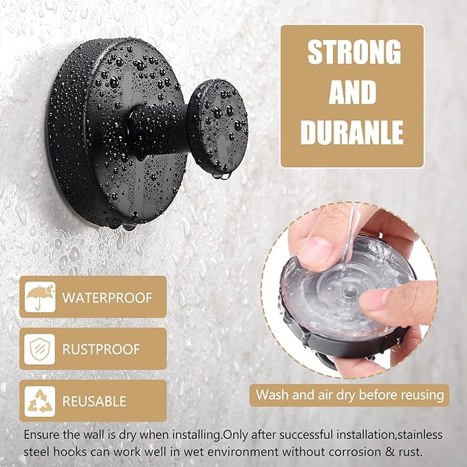 Towel Hook Shower Suction Hooks Towel Hanger for Bathroom Hanging Coat, Robe, Removable Wall Mounted Hook for Bedroom Kitchen Hotel Pool Matte Black(2-Pack)