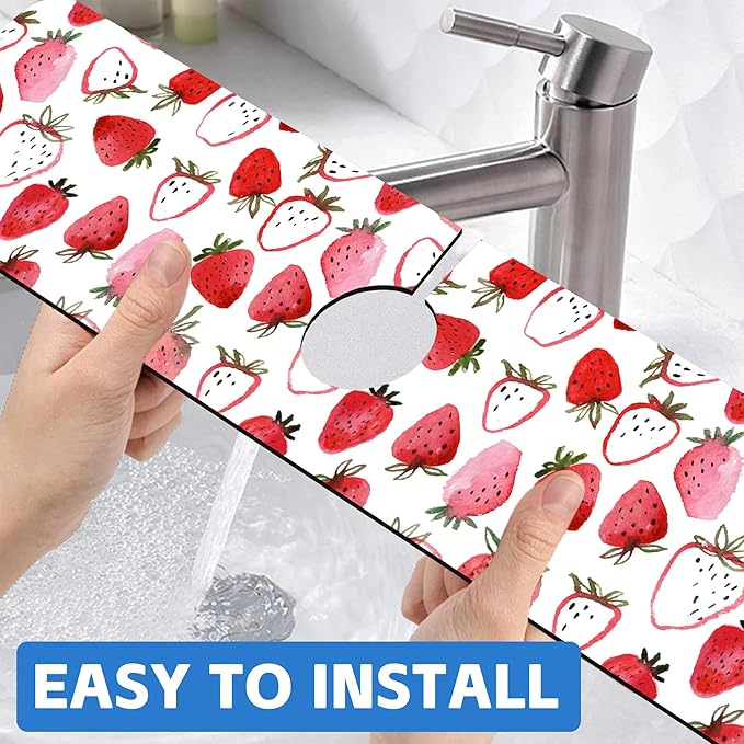 Watercolor Strawberry Kitchen Sink Splash Guard Absorbent Fast Drying Mat Faucet Draining Guard Behind Faucet Drip Catcher for Kitchen Bathroom 5.5"24