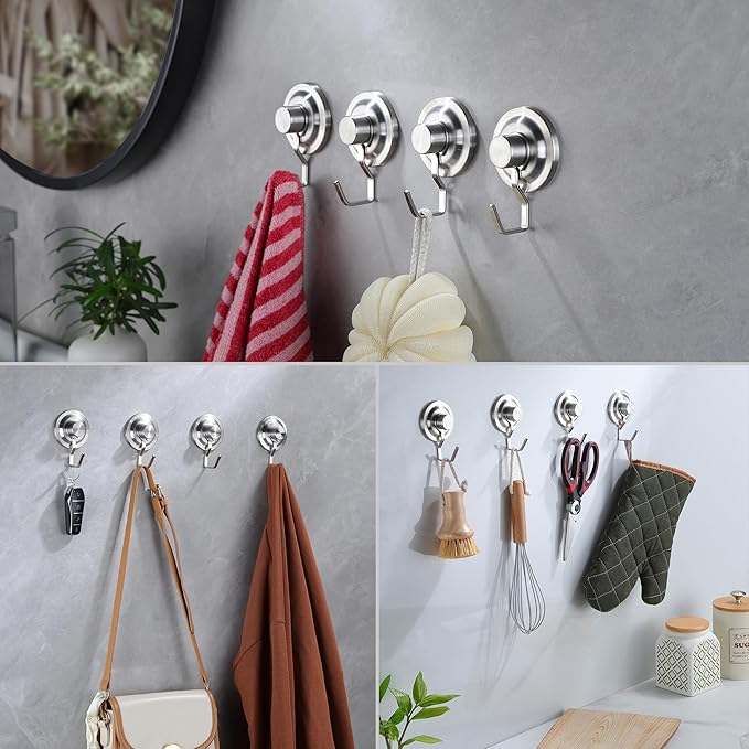 YIGII Suction Hanging Towel Hooks - Bathroom Hooks Without Drilling, Strong Towel Holder – Waterproof & Rustproof, Silver (4-Pack)