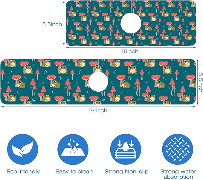 Cute Frog and Mushrooms Dish Drying Mat for Kitchen Sink Splash Guard Behind Faucet Sink Mat Absorbent Fast Drying Faucet Draining Mat for Bathroom Kitchen 5.5"×15"