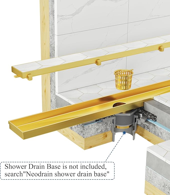 Neodrain 30-Inch Gold Linear Shower Drain with Tile Insert Cover, Golden 304 Stainless Steel Rectangle Shower Floor Drain, Linear Drain with Leveling Feet, Hair Strainer,CUPC Certified