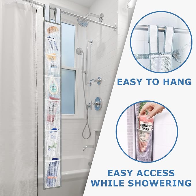 Skywin TidyFriend Mesh Shower Caddy Hanging 60 x 6 Inches, 2 Pack Mesh Hanging Organizer with 7 Pockets, 100% Polyester, Adjustable Velcro Strap or Hook