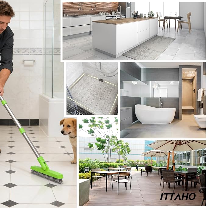 ITTAHO 2 Pack Grout Brush with Long Handle, Swivel Cleaning Grout Line Scrubber - Extendable Durable Handle Grout Cleaner Brush for Bathroom,Tile,Baseboard,Walk in Shower,Corner & Narrow Space (Green)