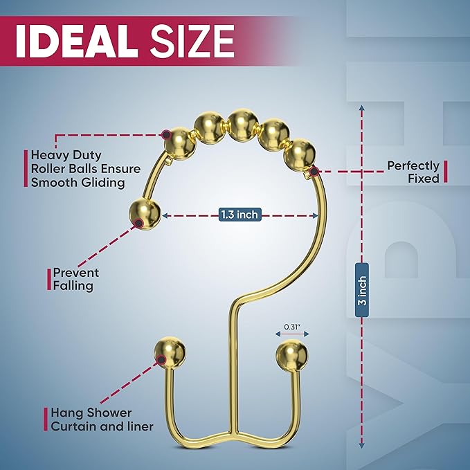 Shower Curtain Hooks Rust Proof (Set of 12) - Stainless Steel Shower Curtain Rings - Anti Slip Roller Balls for Easy Glide (Double Anchor Hooks, Polished Gold)