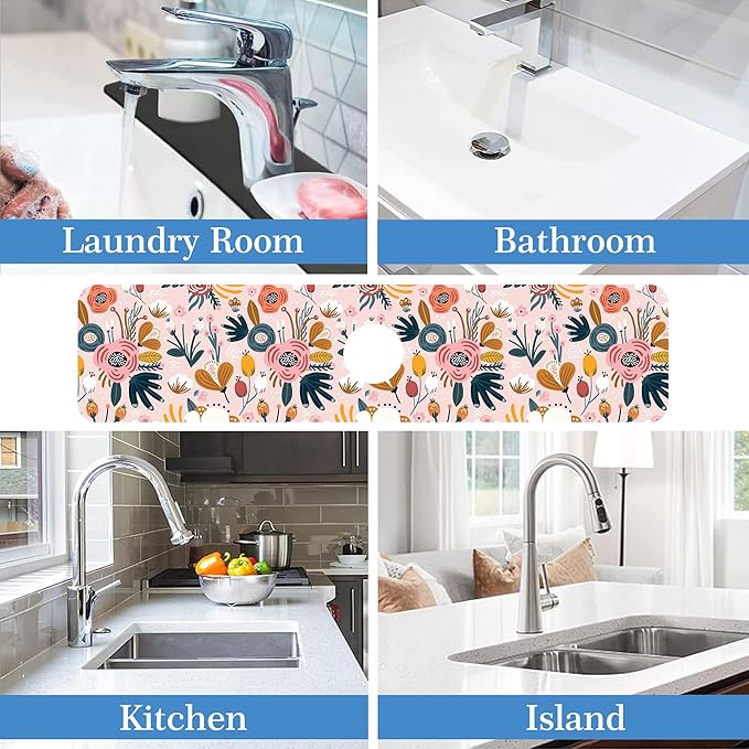 Flower Berrie Leave Faucet Mat for Kitchen Sink Floral Texture, Soft Diatom Mud Material, Strong Water Absorption, Non-slip, Easy to Clean for Bathroom, Kitchen 23.5"X5.5"