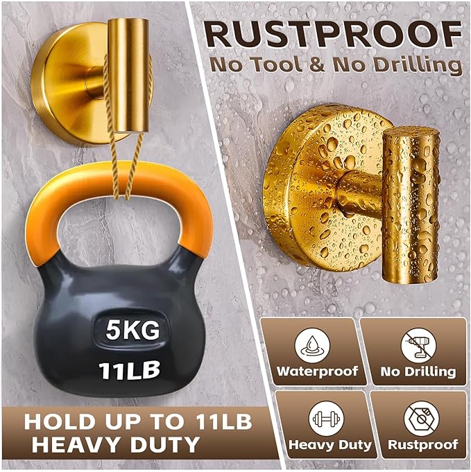 Reusable Heavy Duty Suction Cup Hooks for Kitchen/Bathroom/Shower - Wet-Proof Hooks for Towels, Robes, Loofah&Wreaths/No Drill Mounting on Glass, Tile, (2, Brushed Gold)