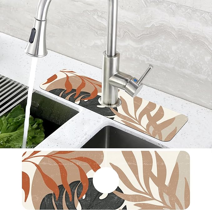 Mid Century Boho Leaves Kitchen Sink Splash Guard Absorbent Fast Drying Mat Faucet Draining Guard Behind Faucet Drip Catcher for Kitchen Bathroom 5.5"15"