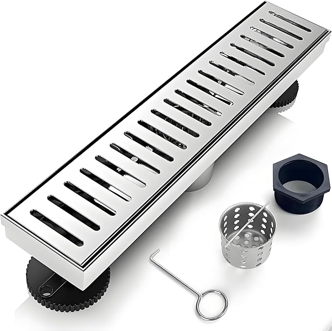 12 Inch Linear Shower Drain Bathroom Kitchen Silver Floor Drain Removable Capsule Pattern Cover Accessories Shower Drain 304 Stainless Steel Drain with Hair Strainer Adjustable Leveling Feet