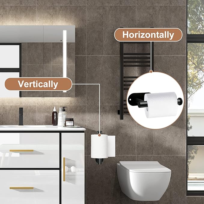 2 Pack Toilet Paper Holder - Bjiotun Black Toilet Paper Holder Wall Mount for Bathroom Storage, Stainless Steel Paper Towel Holder - Strong Adhesion & Screws