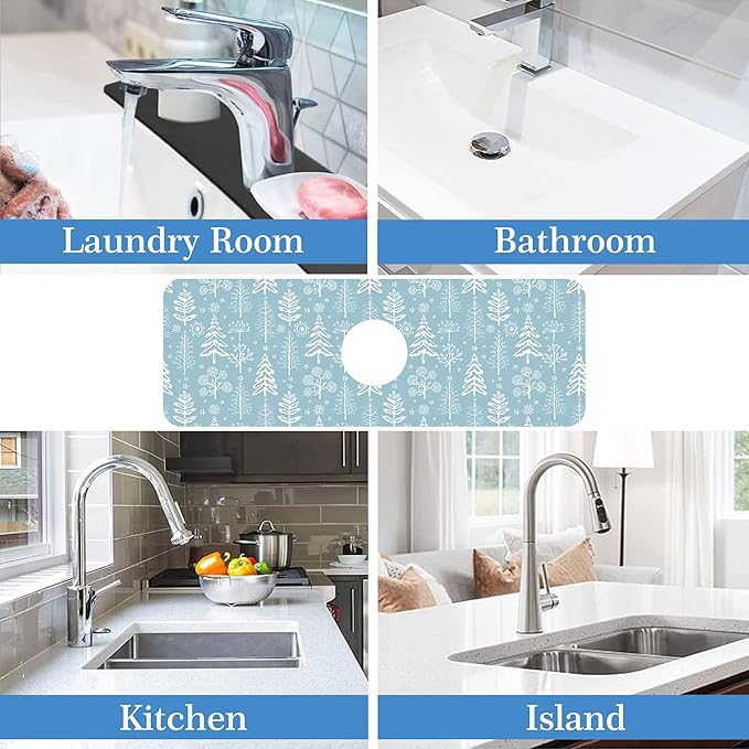 Winter Fir Tree Faucet Mat for Kitchen Sink Fir Trees Bushes Snow, Soft Diatom Mud Material, Strong Water Absorption, Non-slip, Easy to Clean for Bathroom, Kitchen 15"X5.5"