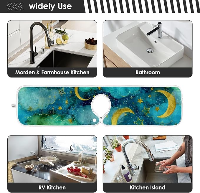 Sink Faucet Absorbing Mat Kitchen Sink Splash Guard Splash Faucet Drip Catcher for Bar RV Bathroom 2PCS 30x5.5in Watercolor Moon Star Green