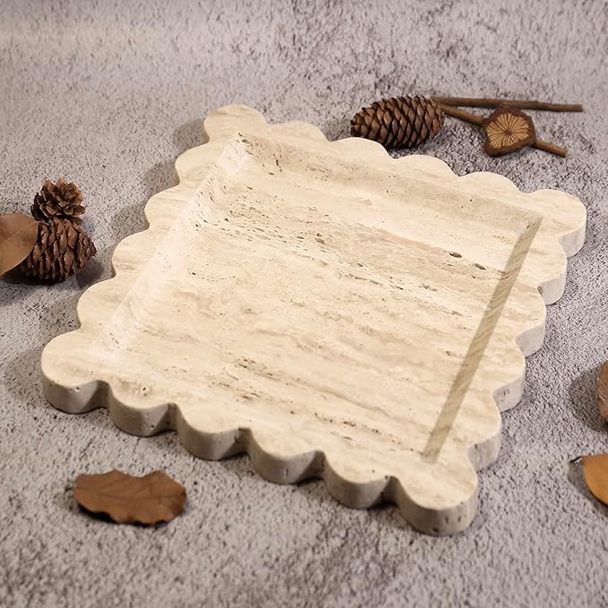 Natural 100% Marble Vanity Tray Luxury Scalloped Marble Tray, Travertine Tray for Home Decor Bathroom Kitchen Candle Key (Square-9.8 * 9.8-Beige Travertine)