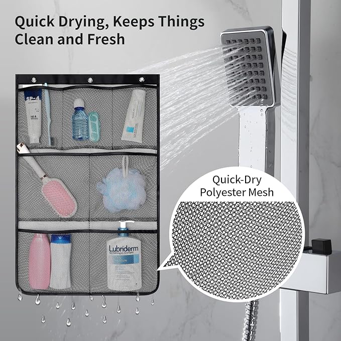 F-color Cruise Essentials 2026-7 Pockets Mesh Shower Organizer Hanging Bundle with Retractable Clothesline, Quick-Dry, Portable Toiletry Bag Travel Laundry Drying Kit for RV Hotel Camping