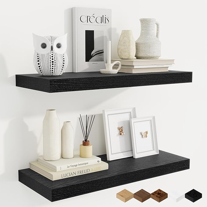 Fun Memories Floating Shelves for Wall, 24 Inch Rustic Wood Wall Mounted Shelves for Bathroom, Bedroom, Living Room, Deep Floating Shelves for Storage & Home Decor (Black, Set of 2)