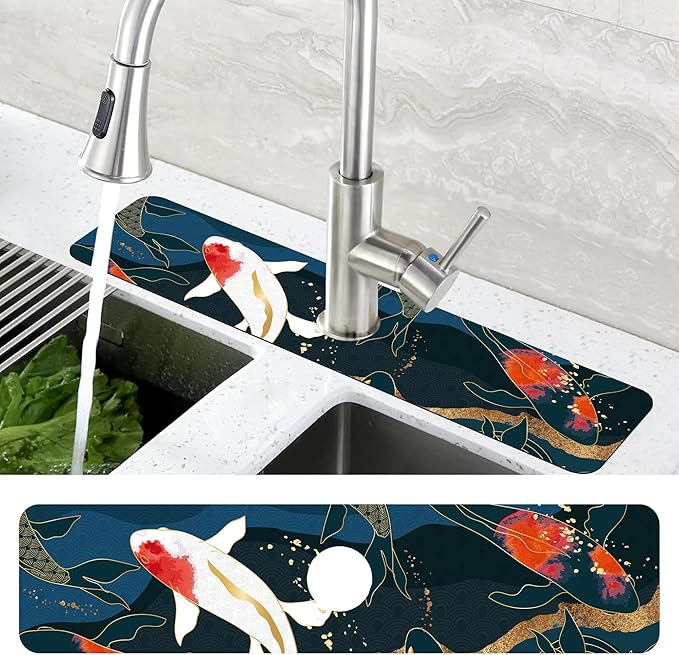 Oriental Japanese Koi Fish Sink Faucet Absorbing Mat Sink Splash Guard Faucet Mat Draining Mat Fast Drying Sink Protectors for Kitchen and Bathroom 5.5"×24"